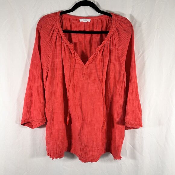 beachlunchlounge Tops - Beach Lunch Lounge Blouse Women's XL Pink Vneck 3/4 Sleeve Tassels 100% Cotton